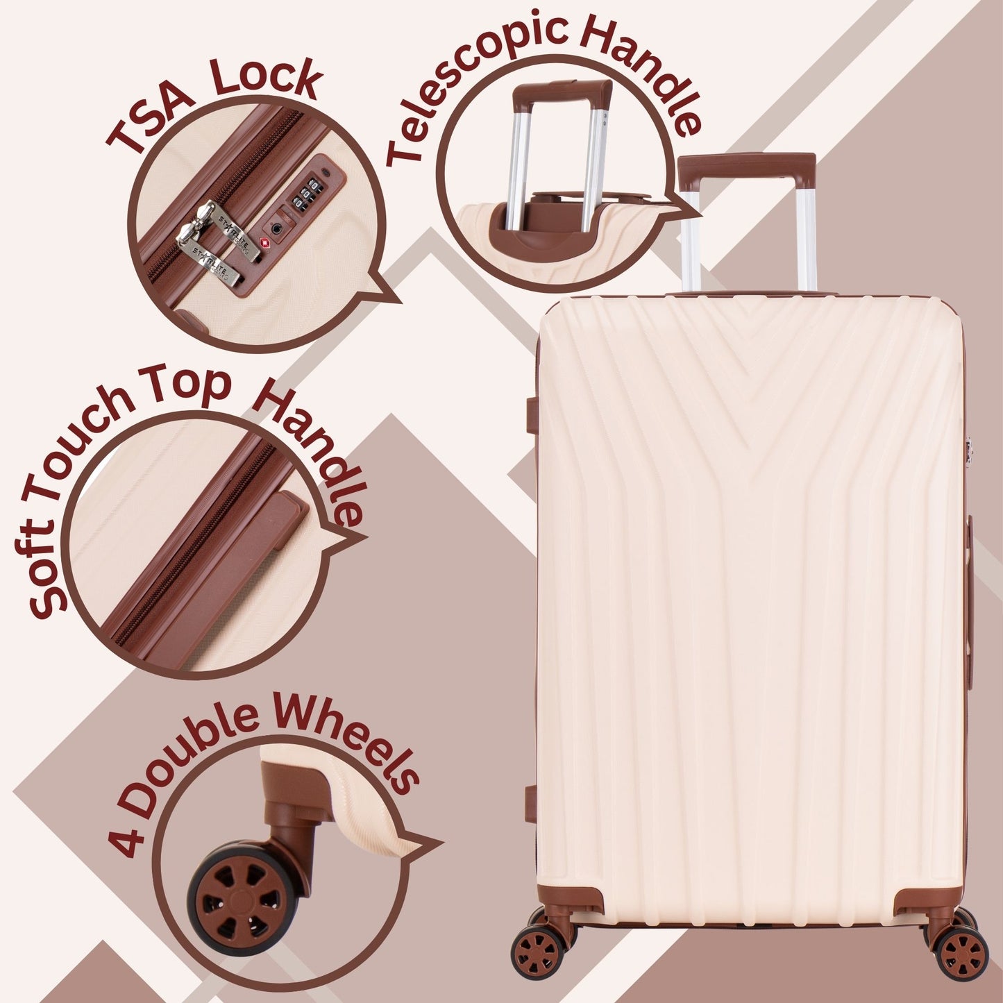 Beige suitcase with features highlighted on a beige background ABS101
