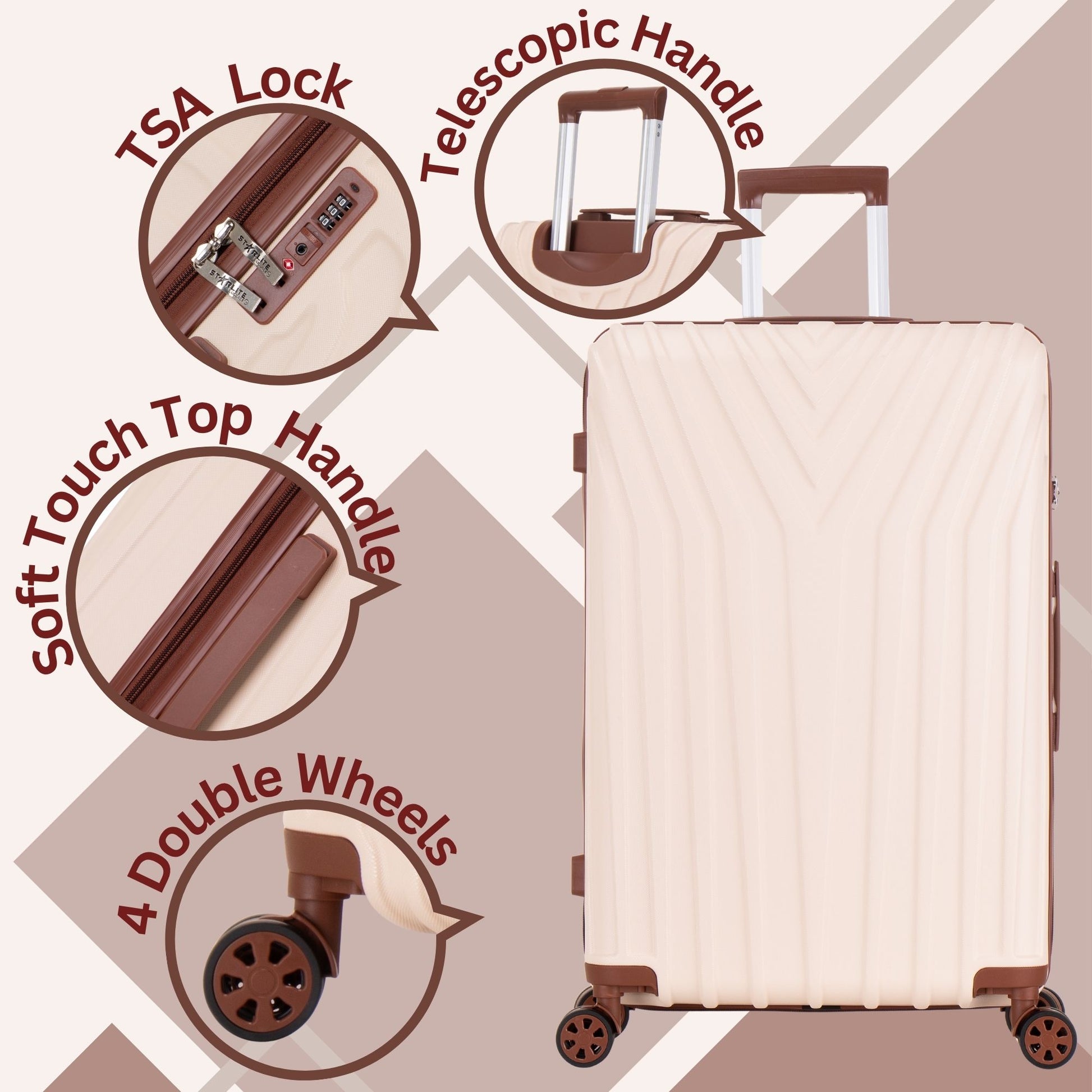Beige suitcase with features highlighted on a beige background ABS101