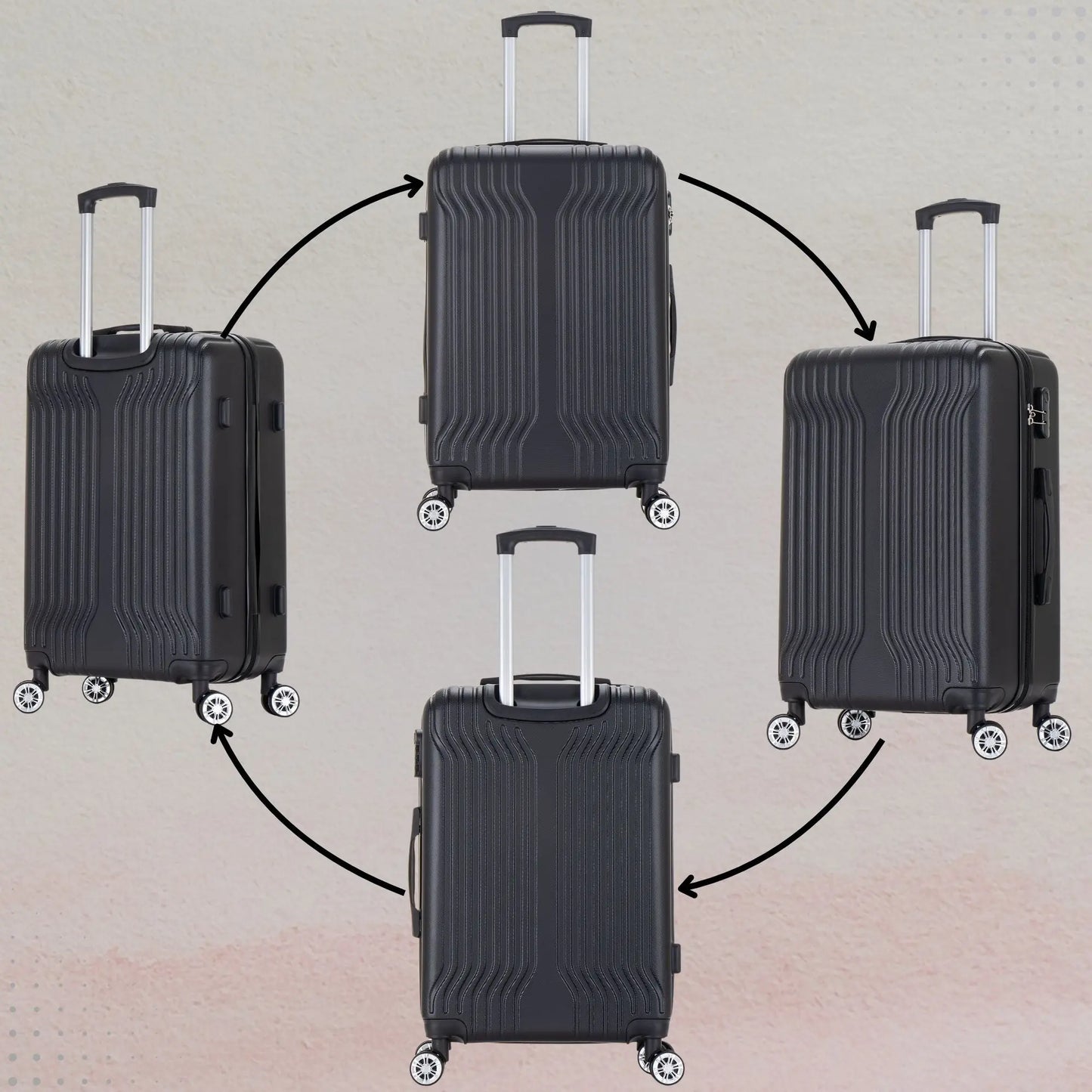 Four black suitcases with wheels on a beige background