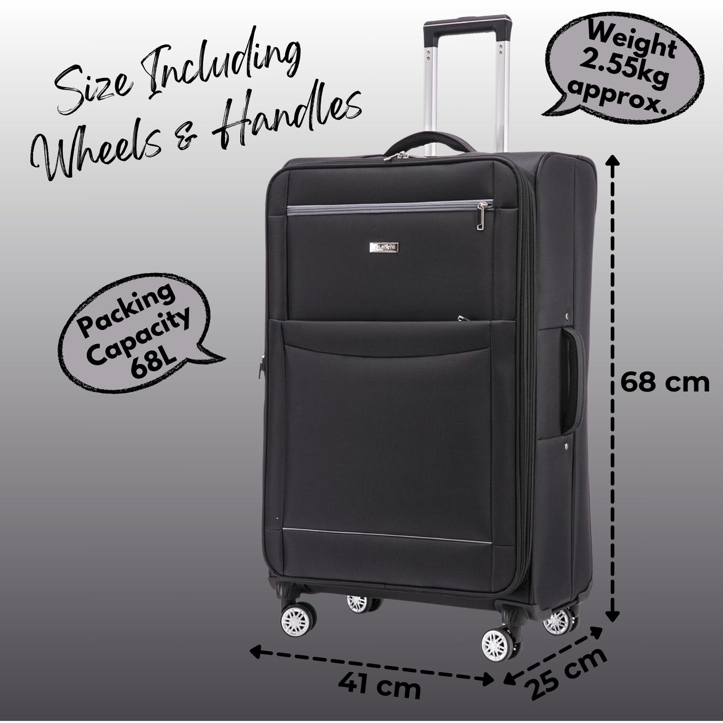 Black WLS suitcase with measurements and weight information on a gray background