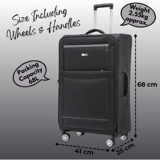 Black WLS suitcase with measurements and weight information on a gray background