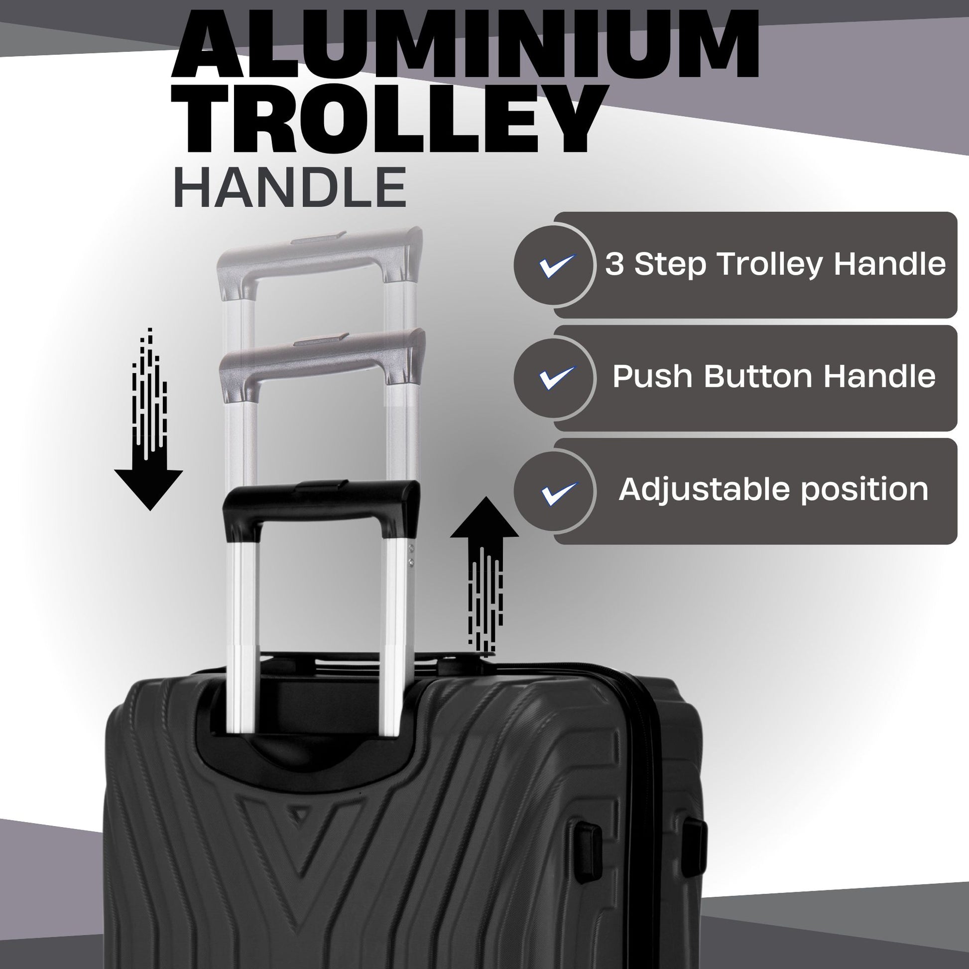 Black suitcase with an adjustable aluminium trolley handle on a gray background