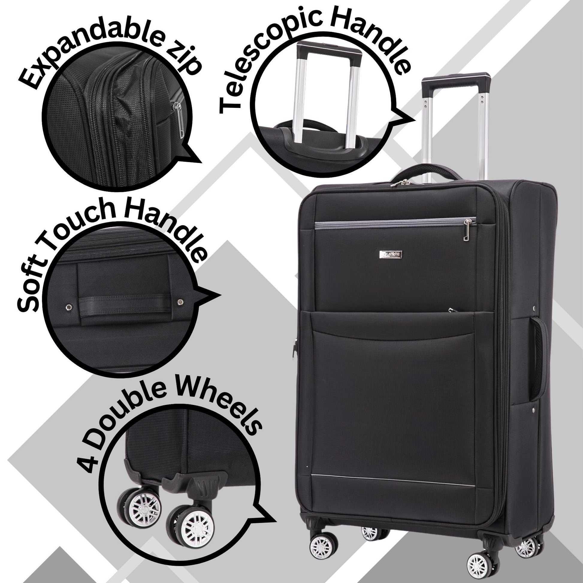 Black suitcase with features highlighted on a gray background