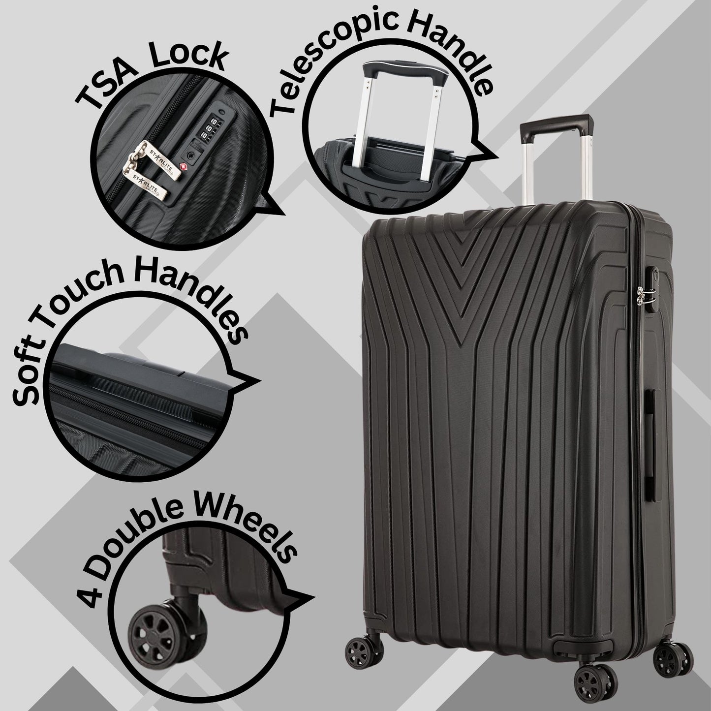 Black suitcase with features highlighted on a gray background