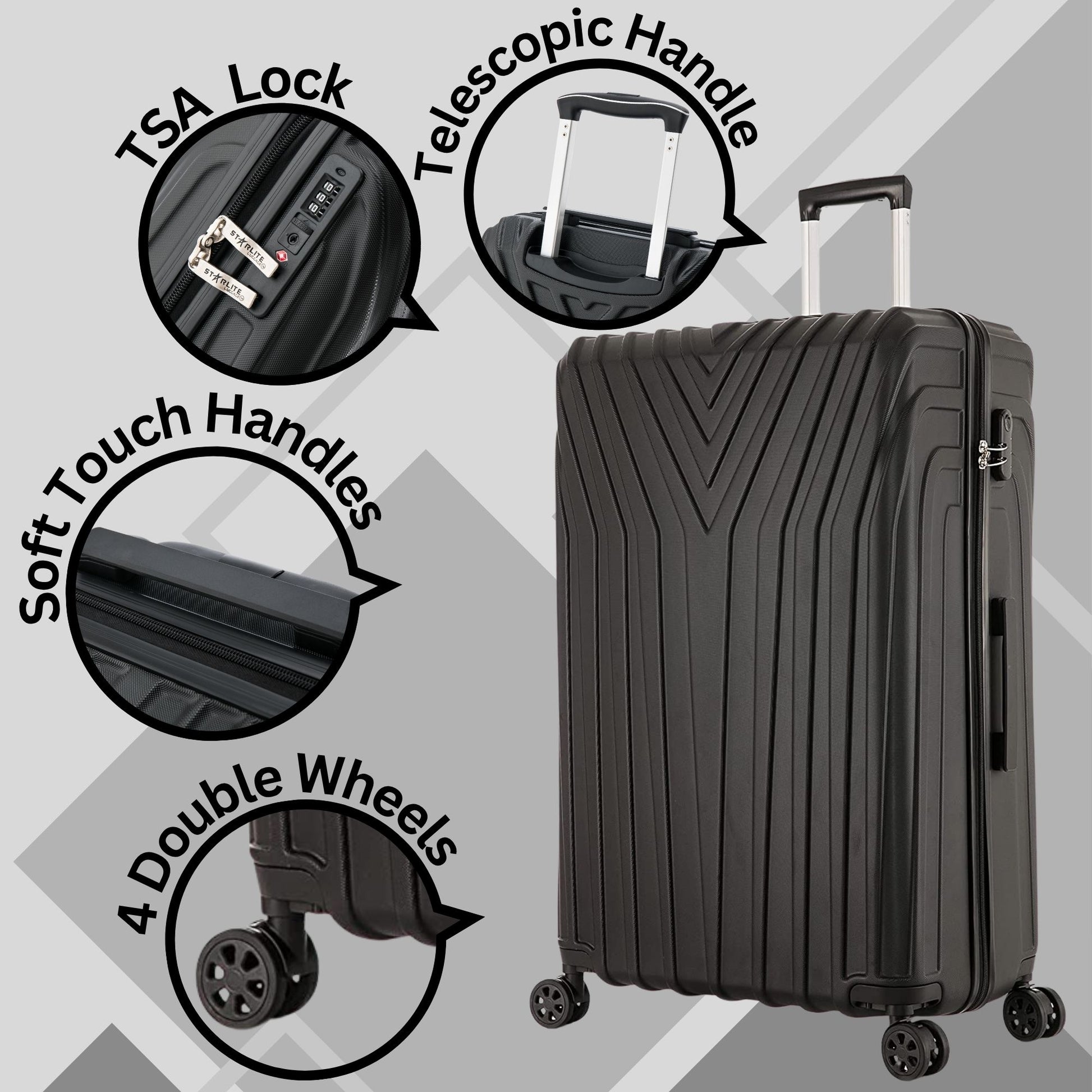 Black suitcase with features highlighted on a gray background