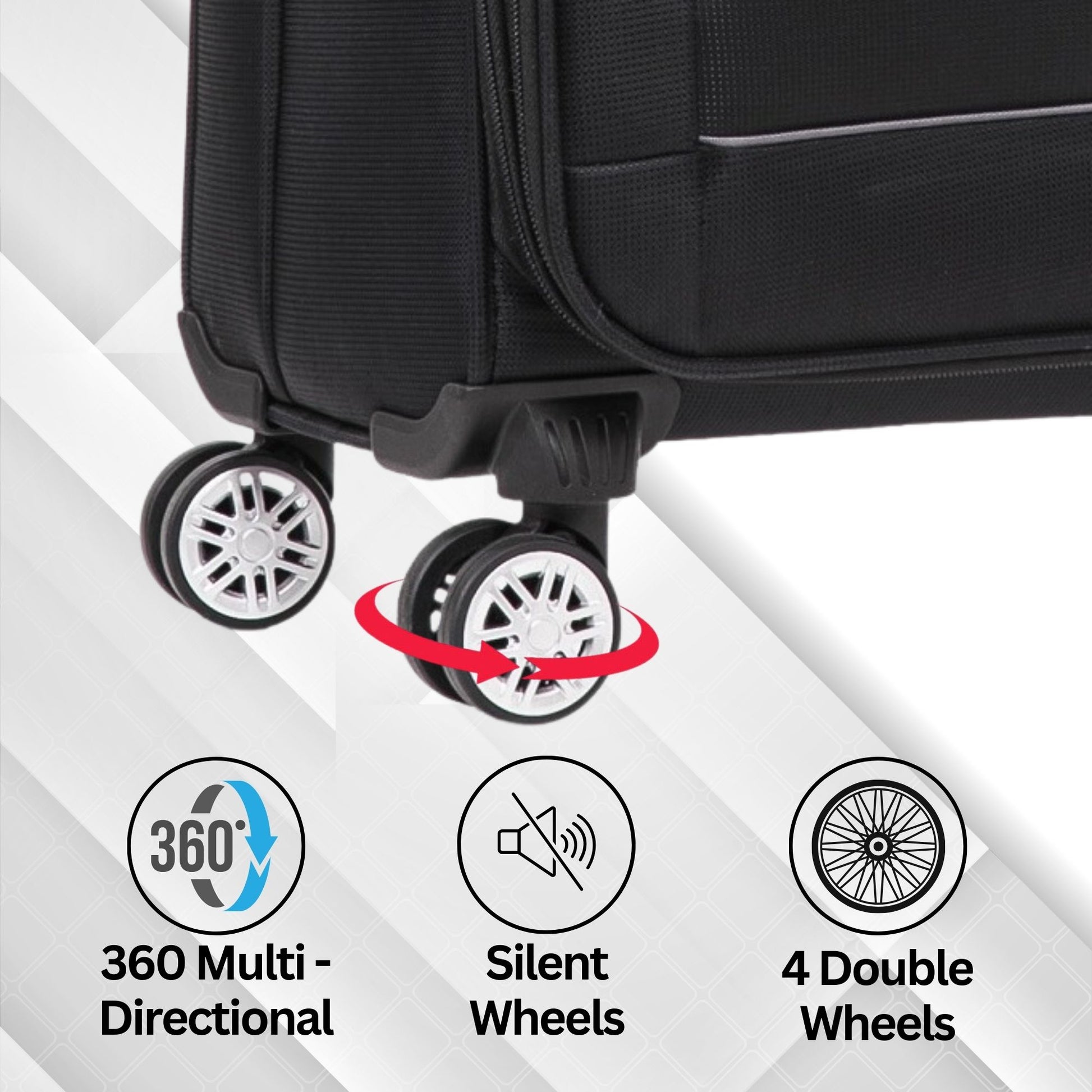 Black suitcase with labeled wheels on a white background
