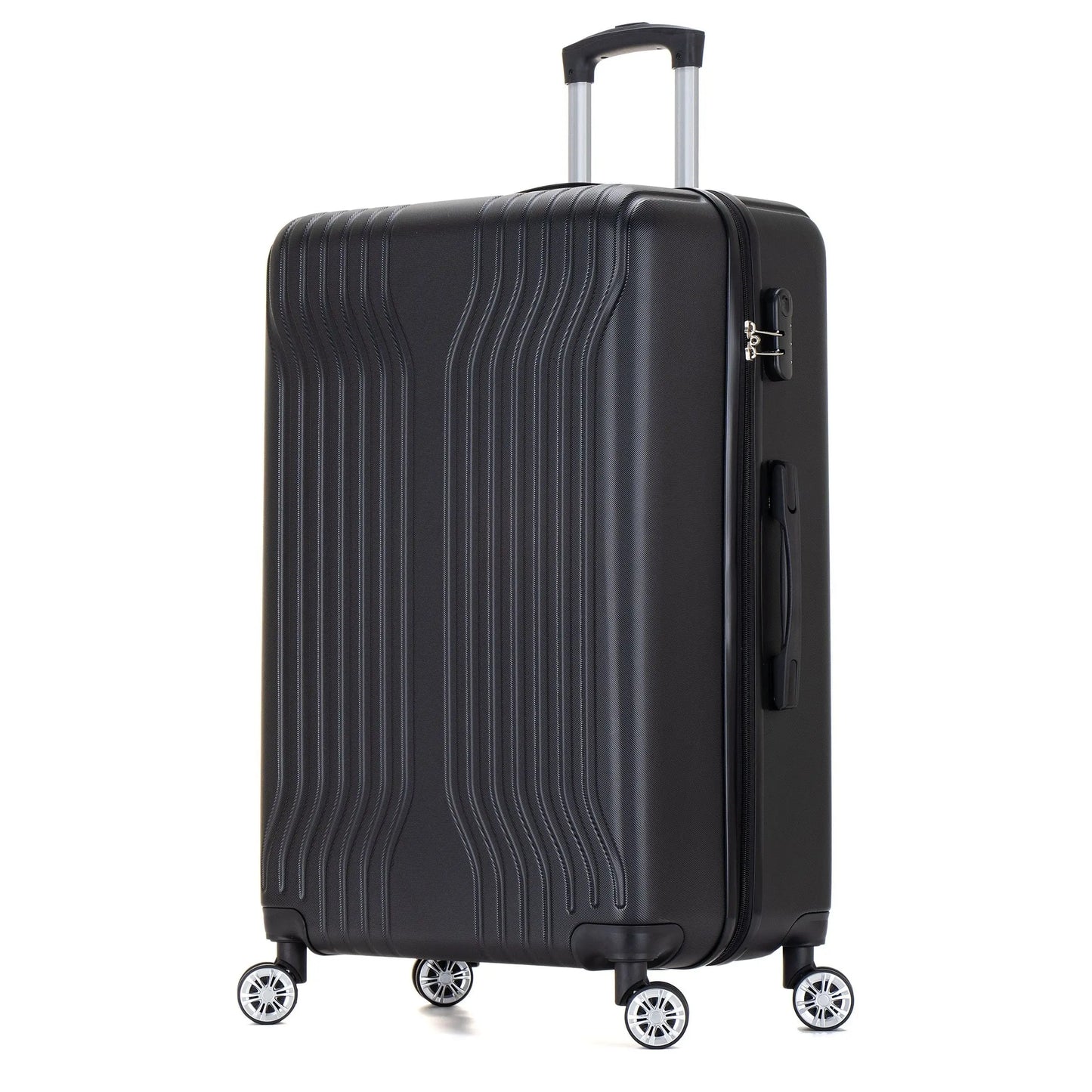 Black suitcase with wheels on a white background