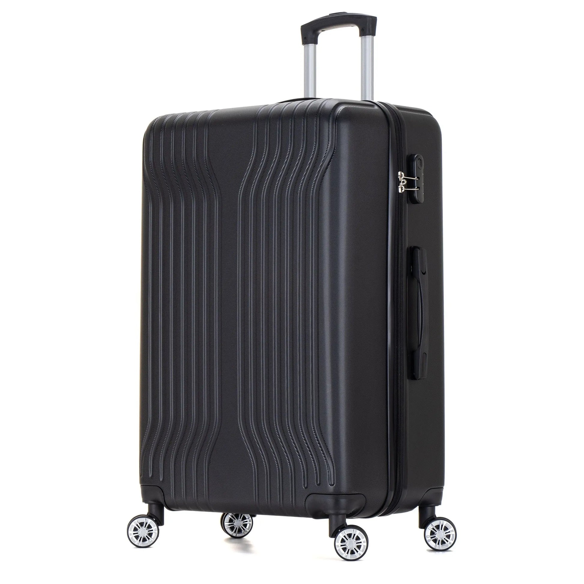 Black suitcase with wheels on a white background