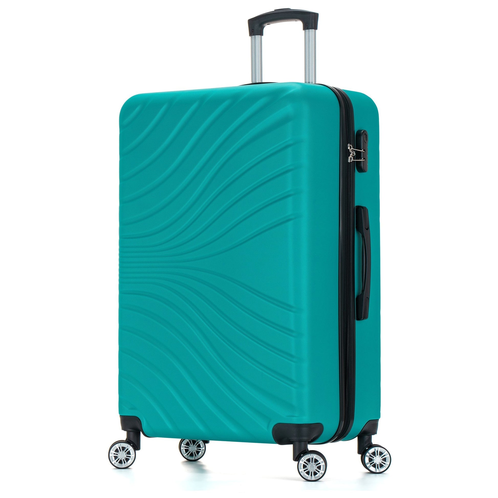 Turquoise suitcase with black handles and wheels on a white background