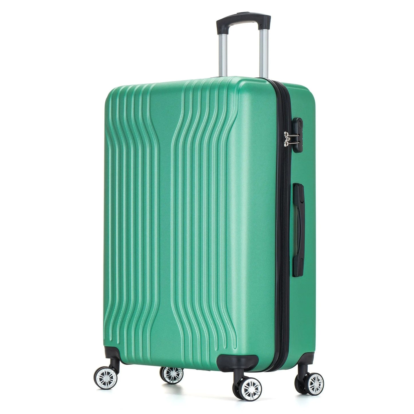 Green suitcase with black handles and wheels on a white background