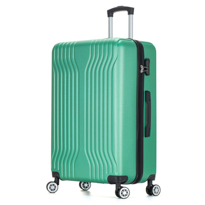 Green suitcase with black handles and wheels on a white background
