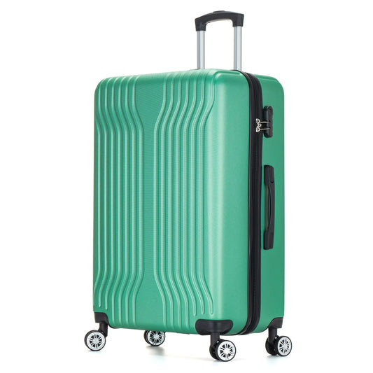 Green suitcase with black handles and wheels on a white background
