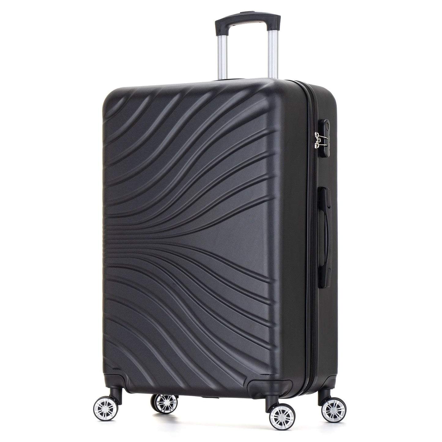 Black suitcase with wavy pattern on a white background