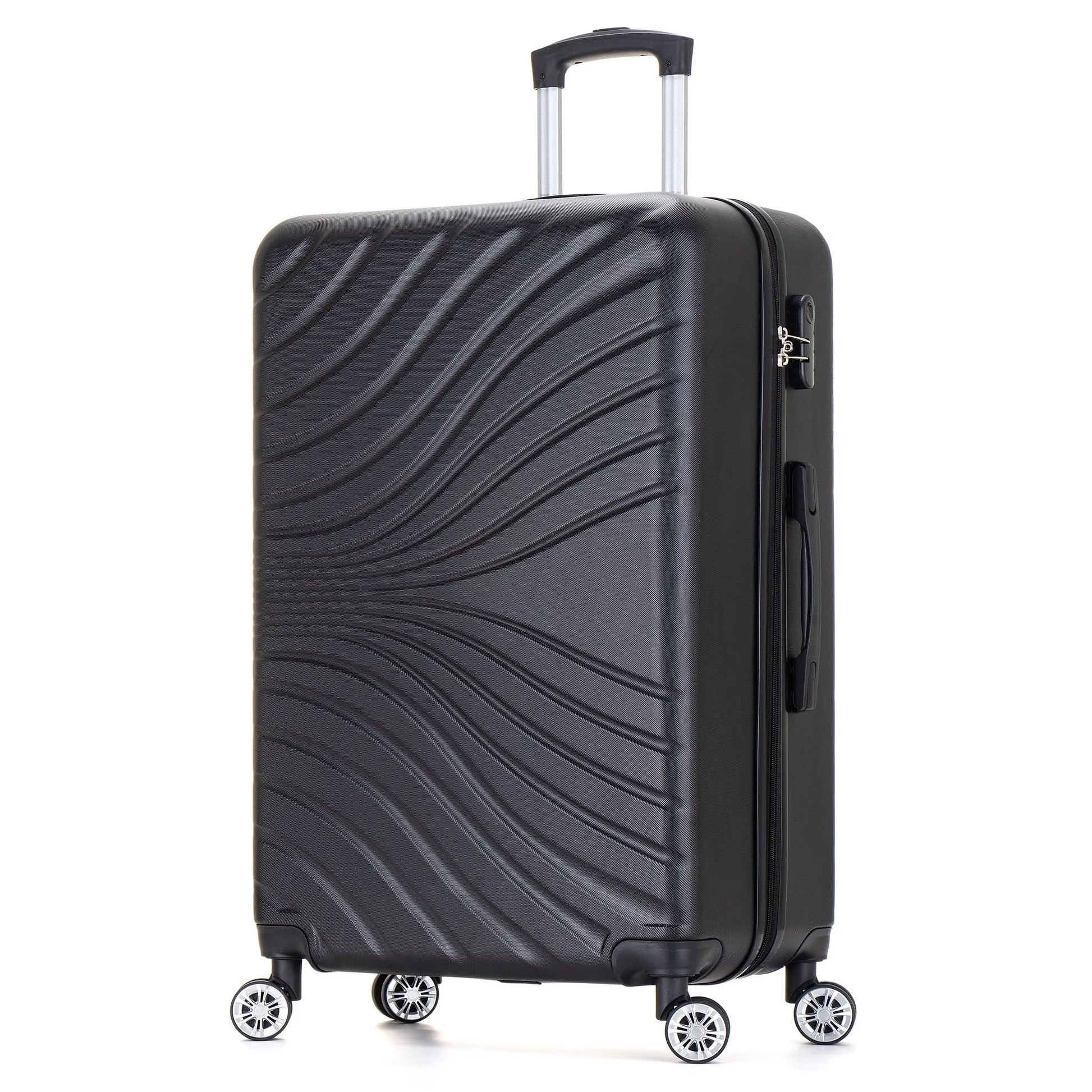 Black suitcase with wavy pattern on a white background