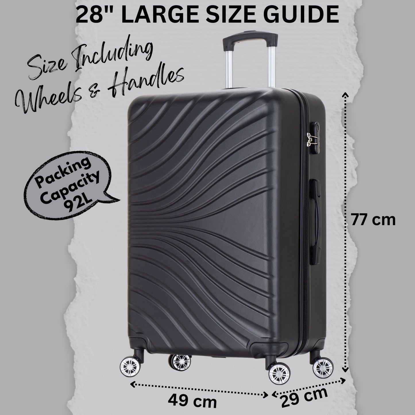 28" Large Suitcase – 4 Wheel Hard Shell Trolley Case -  ABS27 - Black