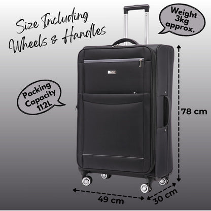 Large Black WLS suitcase with measurements and weight information on a gray background