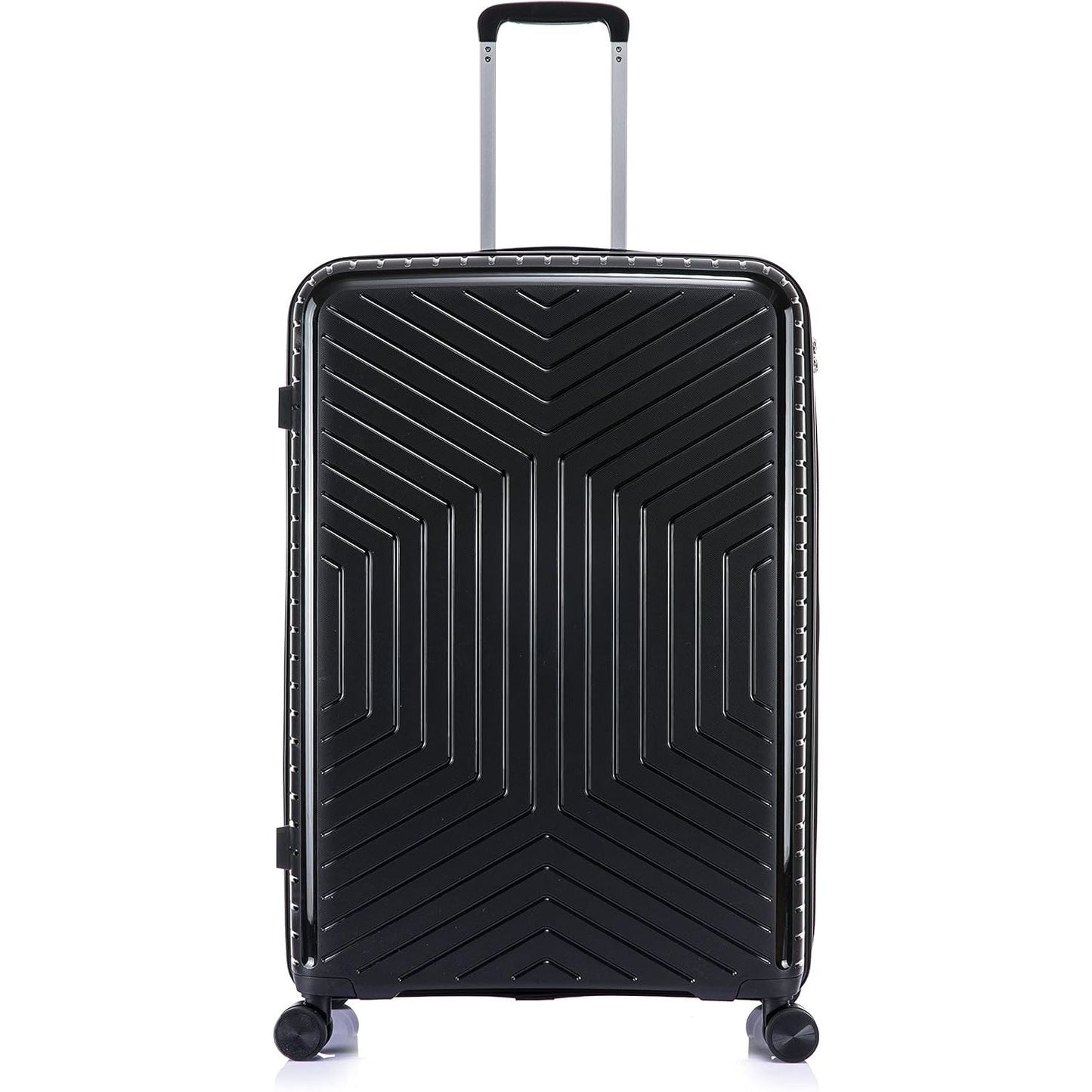 Large Suitcase in Black with a geometric pattern on a white background