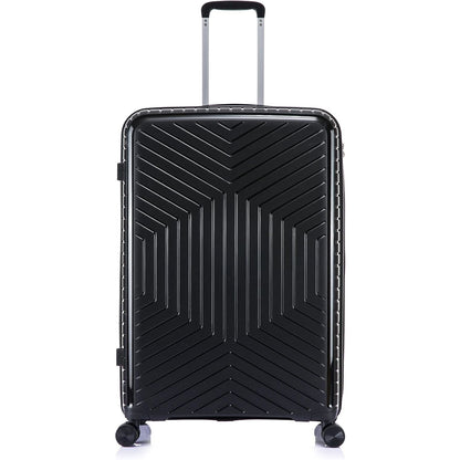 Large Suitcase in Black with a geometric pattern on a white background