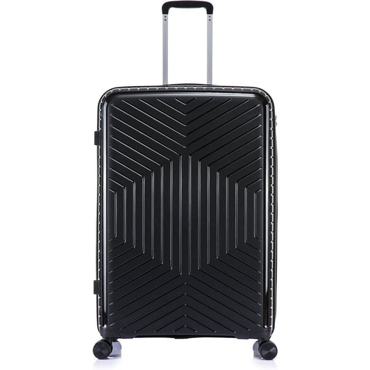 Large Suitcase in Black with a geometric pattern on a white background
