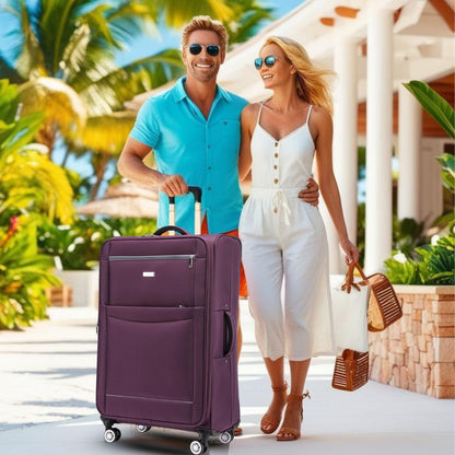 Man and woman with a purple suitcase on a tropical setting