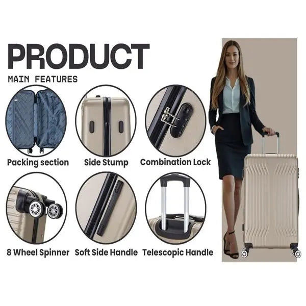Beige suitcase with features highlighted and a woman holding it.
