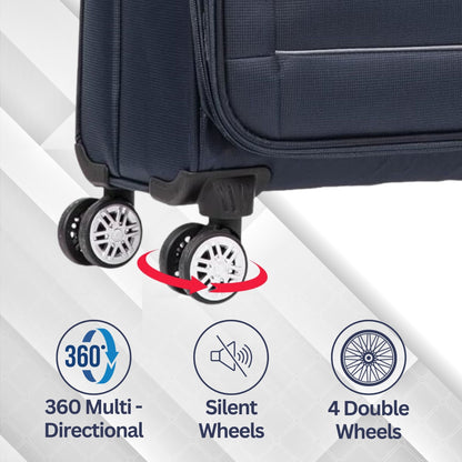 Navy 4 wheel suitcase with wheels on a white background, highlighting features like 360-degree mobility and silent wheels.