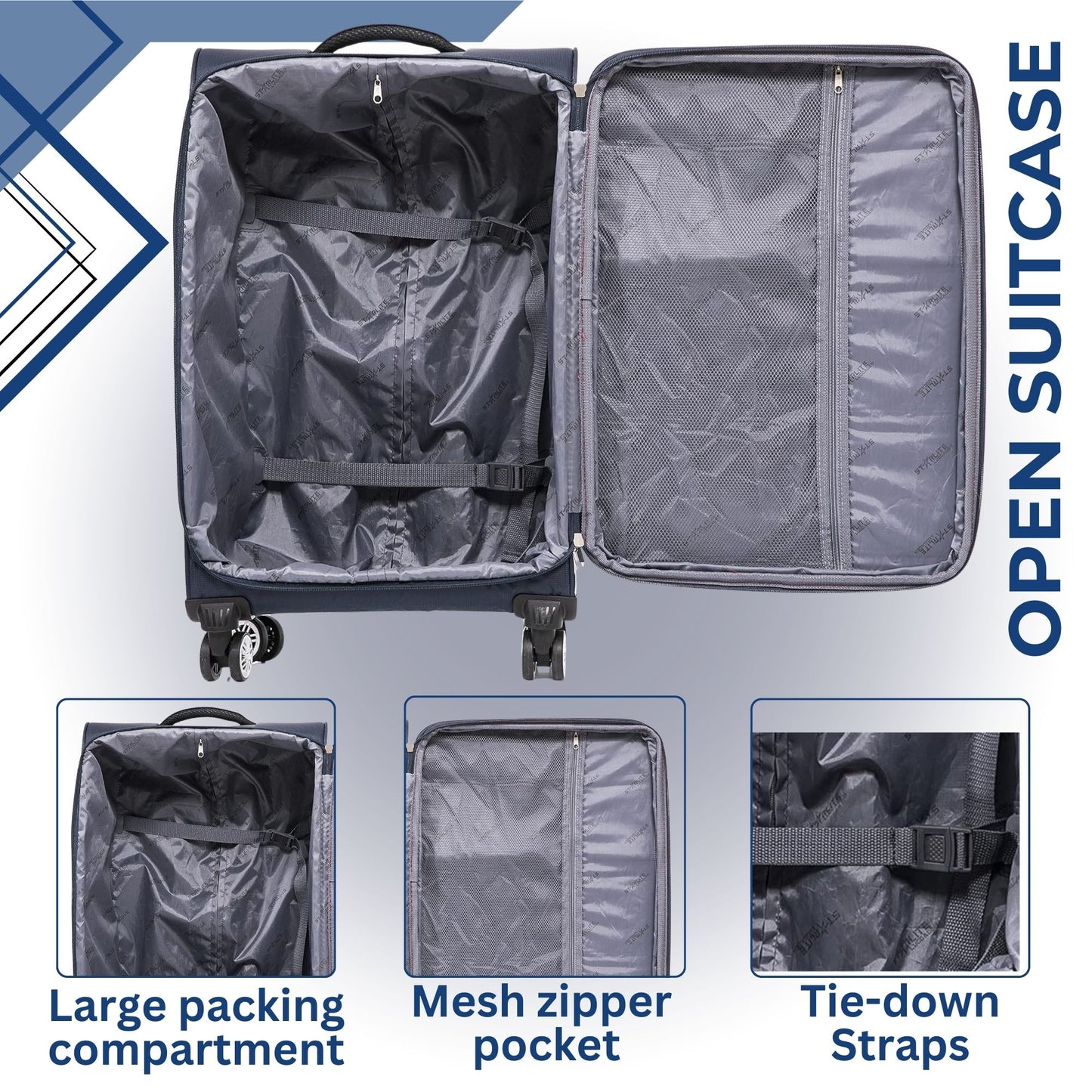 Navy Blue 4 wheel Open suitcase with features highlighted on a blue and white background