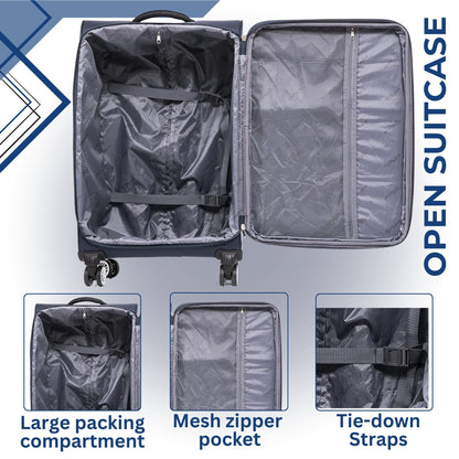 Navy Blue 4 wheel Open suitcase with features highlighted on a blue and white background