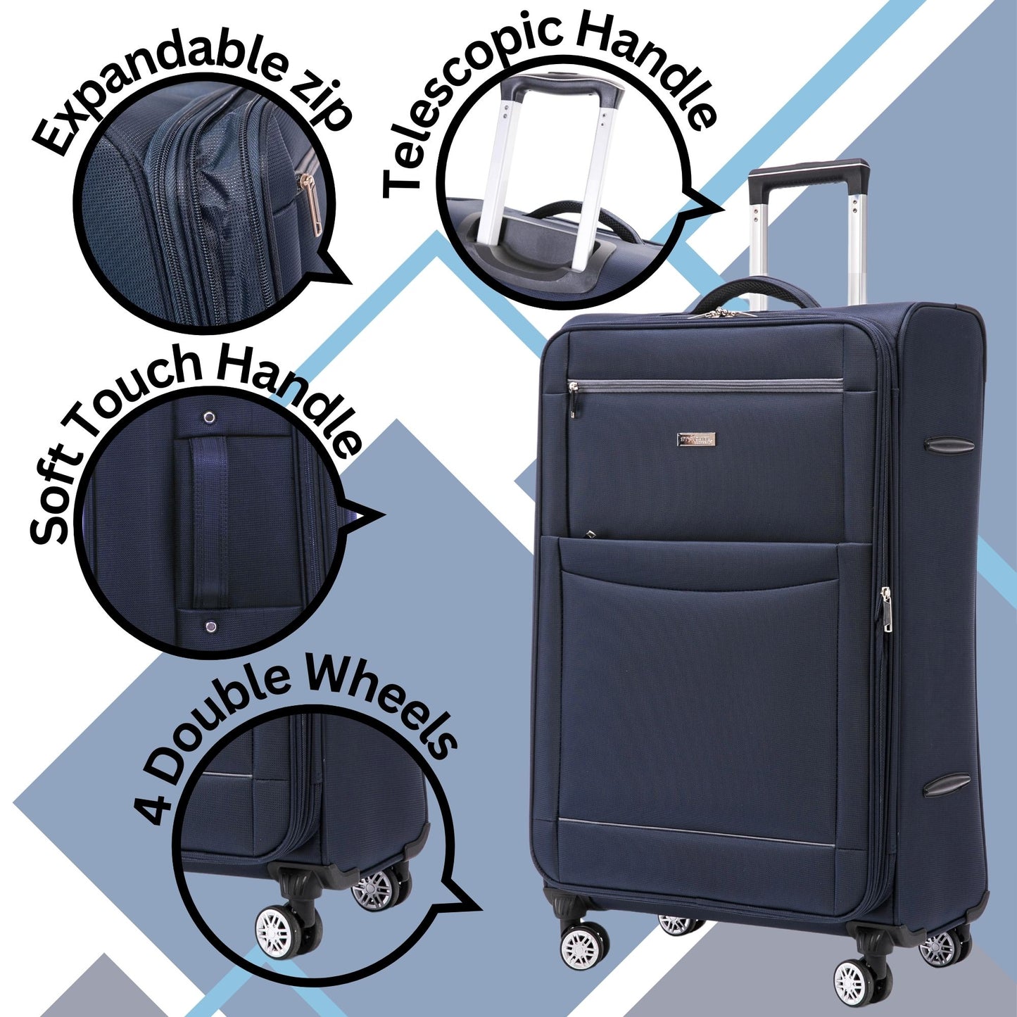 Navy blue 4 wheel suitcase with features highlighted on a geometric patterned background 