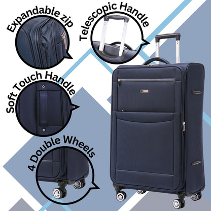 Navy blue 4 wheel suitcase with features highlighted on a geometric patterned background 
