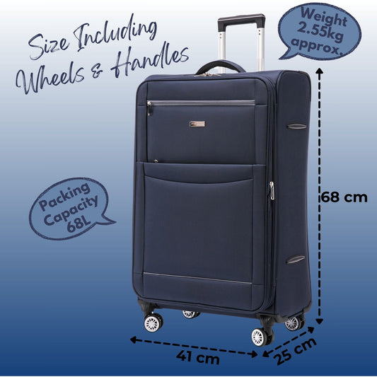 Navy blue suitcase with measurements and weight information on a blue background