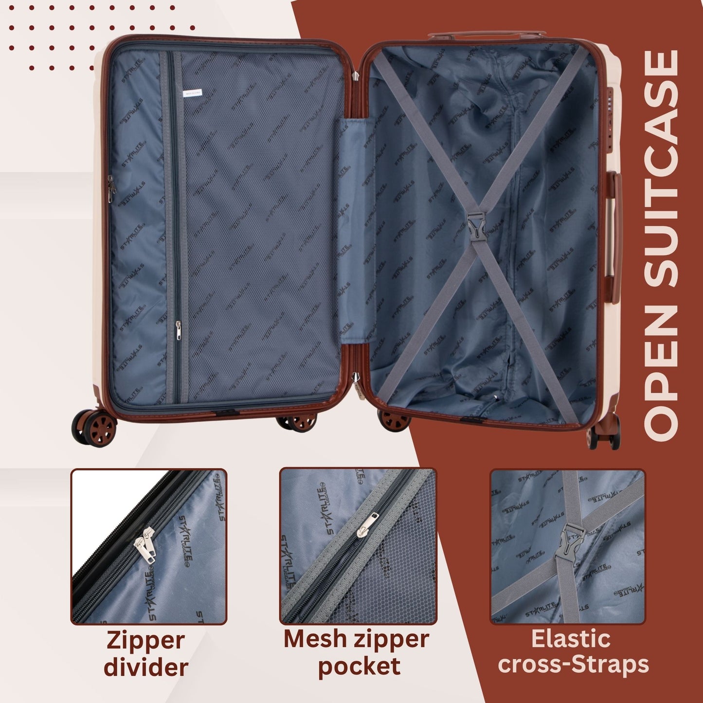 Open suitcase with details on zipper divider, mesh zipper pocket, and elastic cross-straps. ABS101