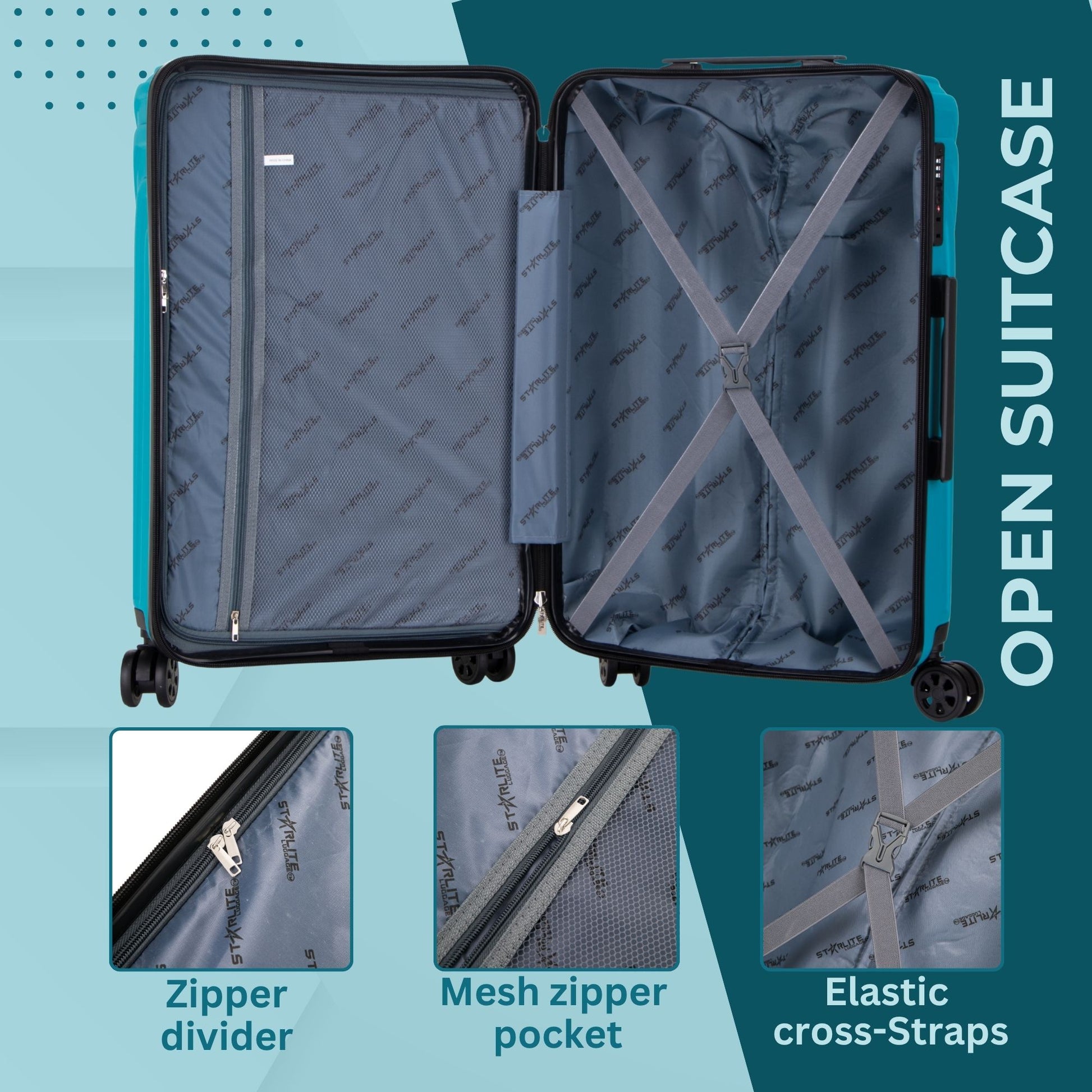 Open suitcase with features highlighted on a blue background