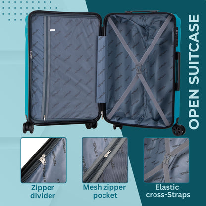 Open suitcase with features highlighted on a blue background