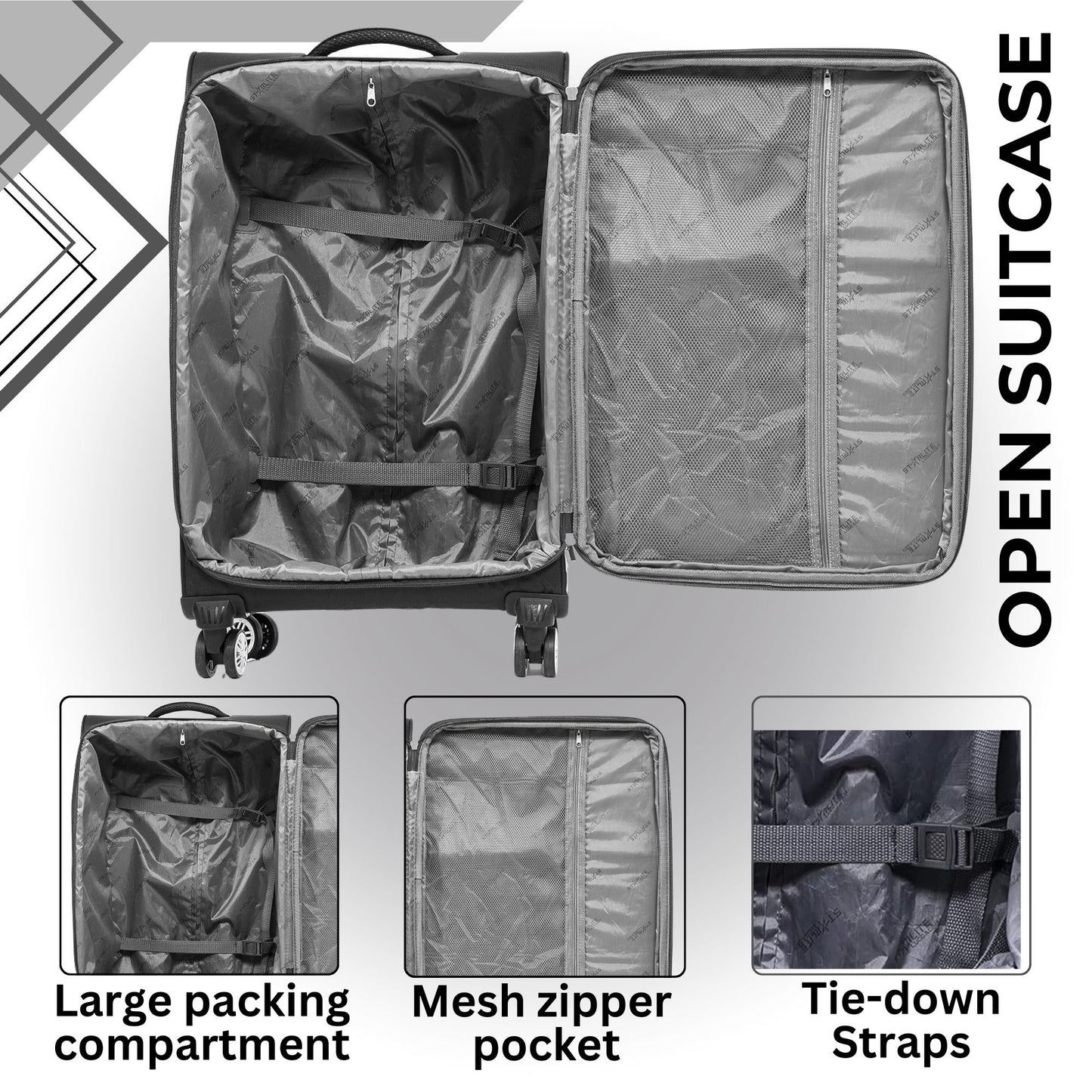 Open suitcase with features highlighted on a gray background