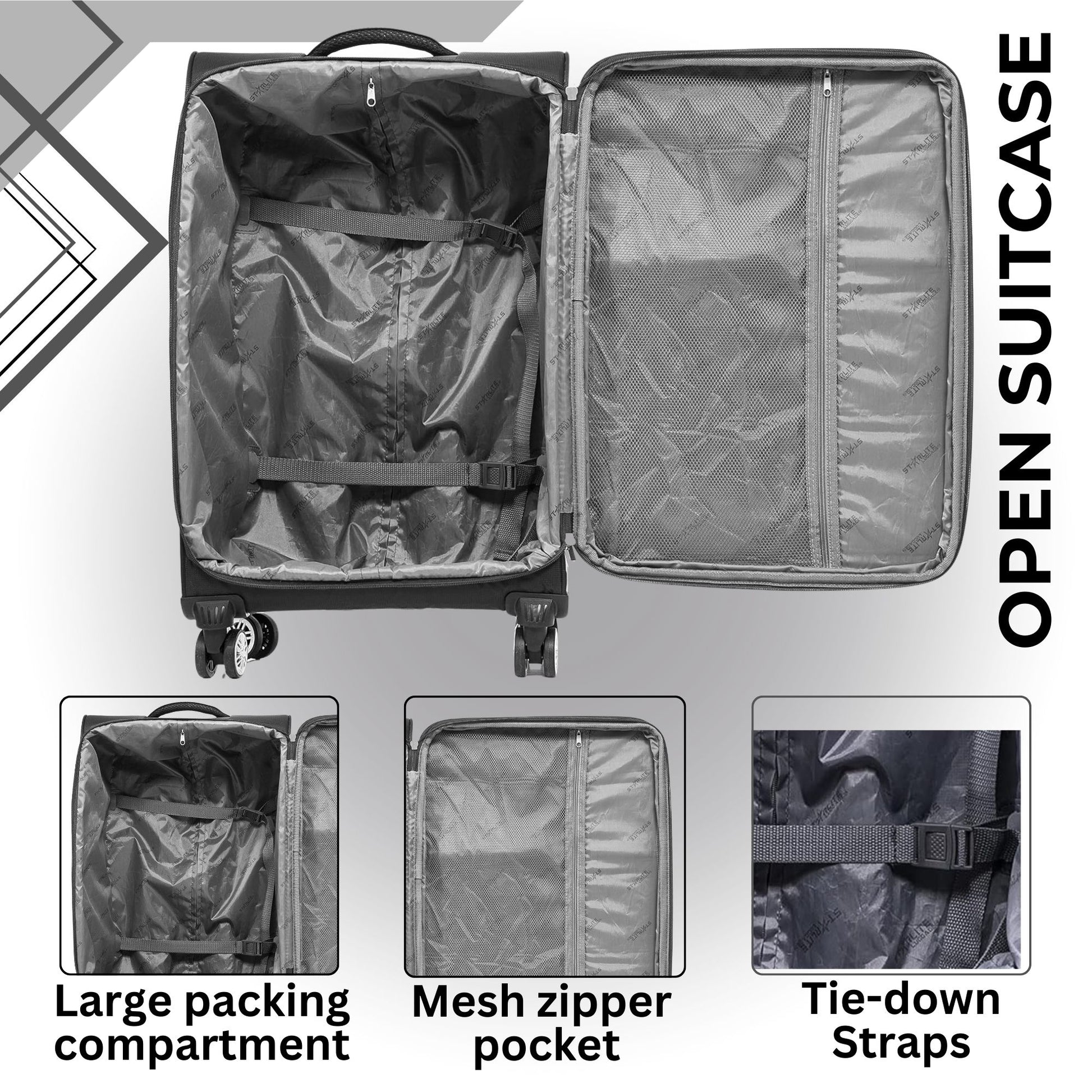Open suitcase with features highlighted on a gray background
