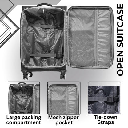Open suitcase with features highlighted on a gray background