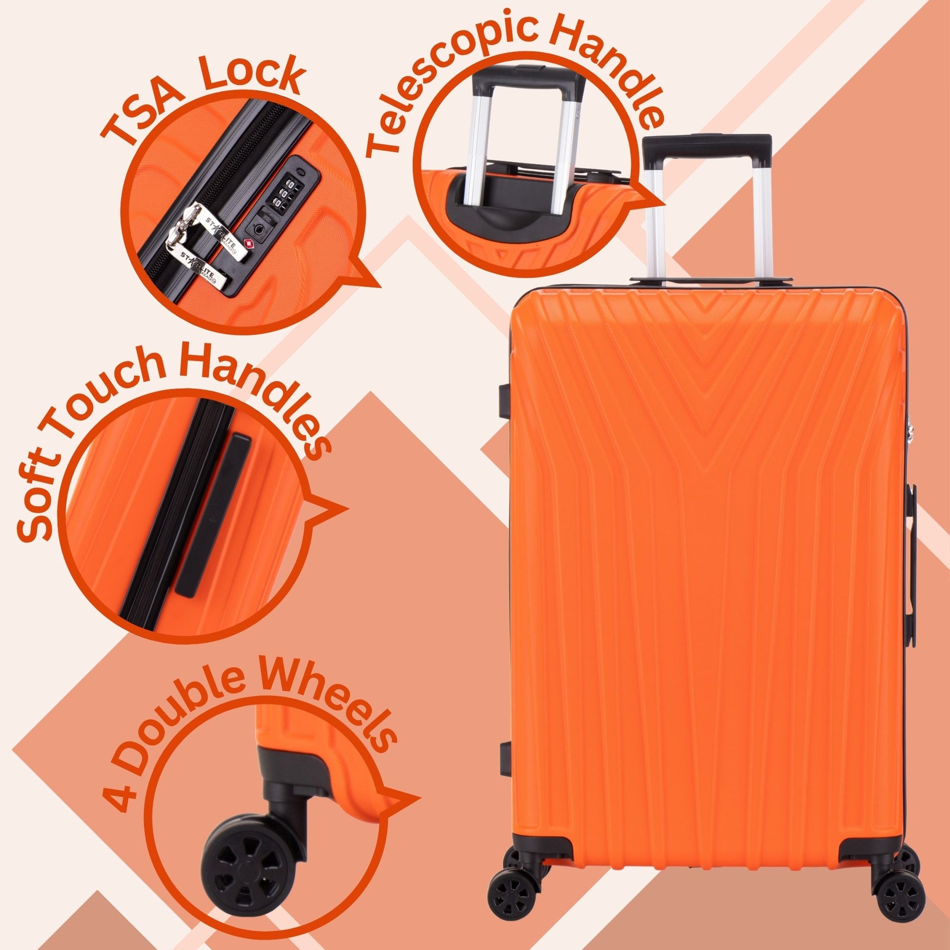 Orange suitcase with features highlighted on a peach background