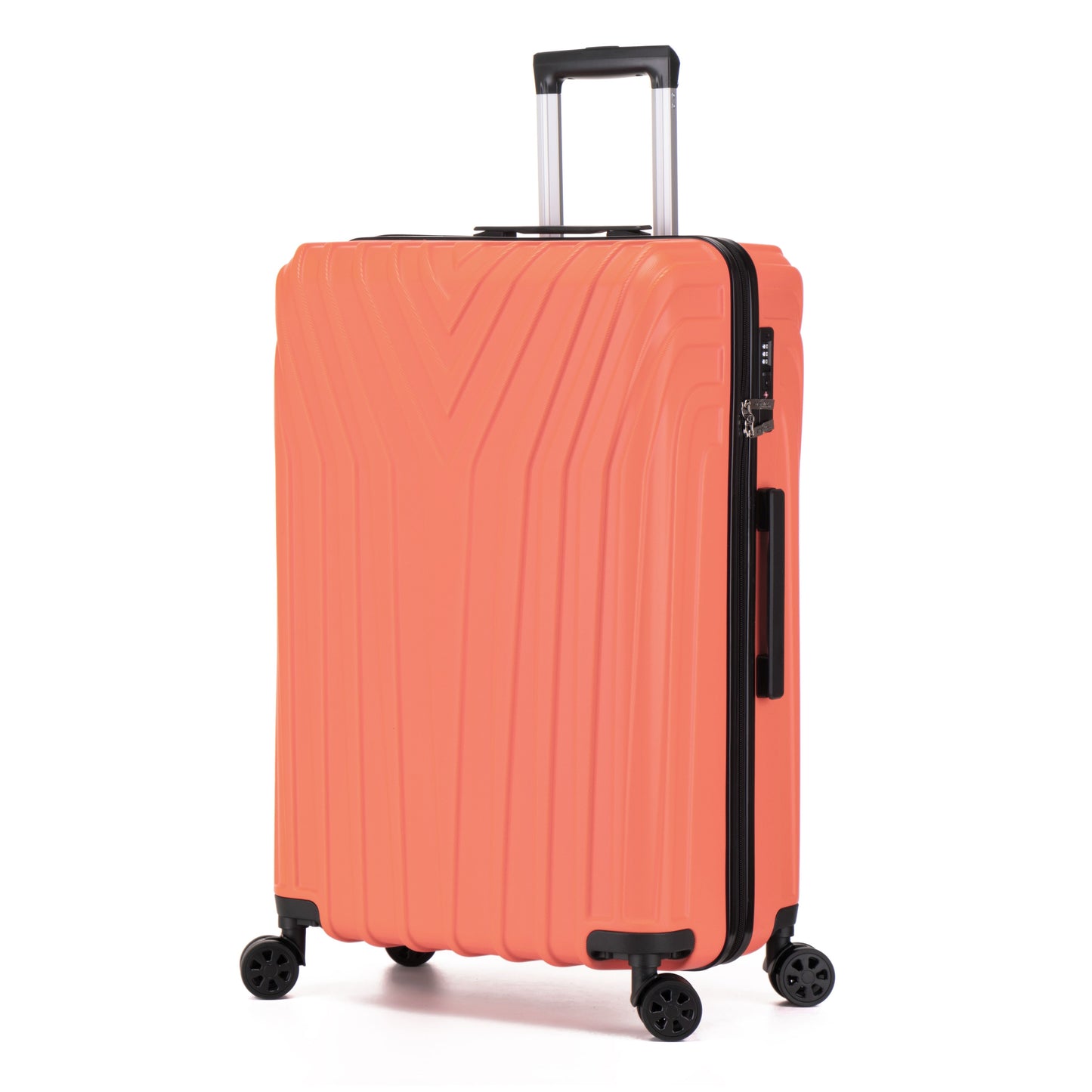 Orange suitcase with black handle and wheels on a white background