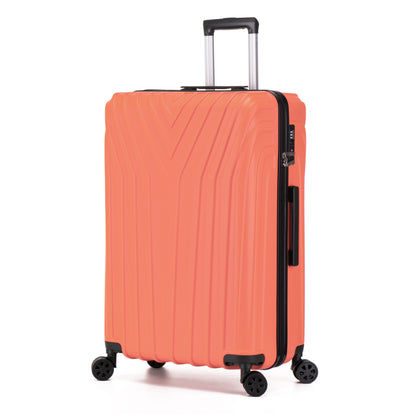 Orange suitcase with black handle and wheels on a white background