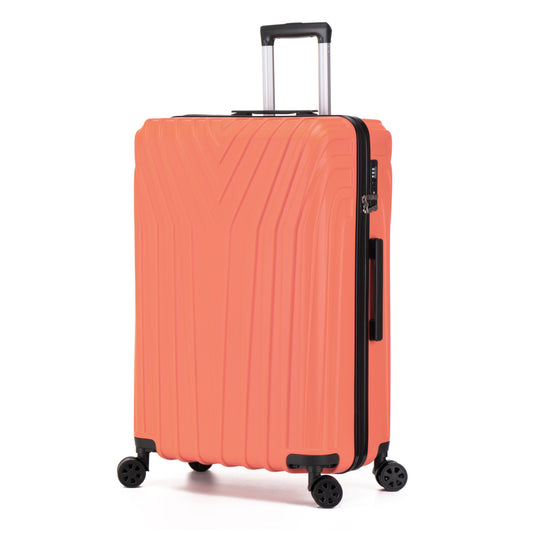 Orange suitcase with black handle and wheels on a white background