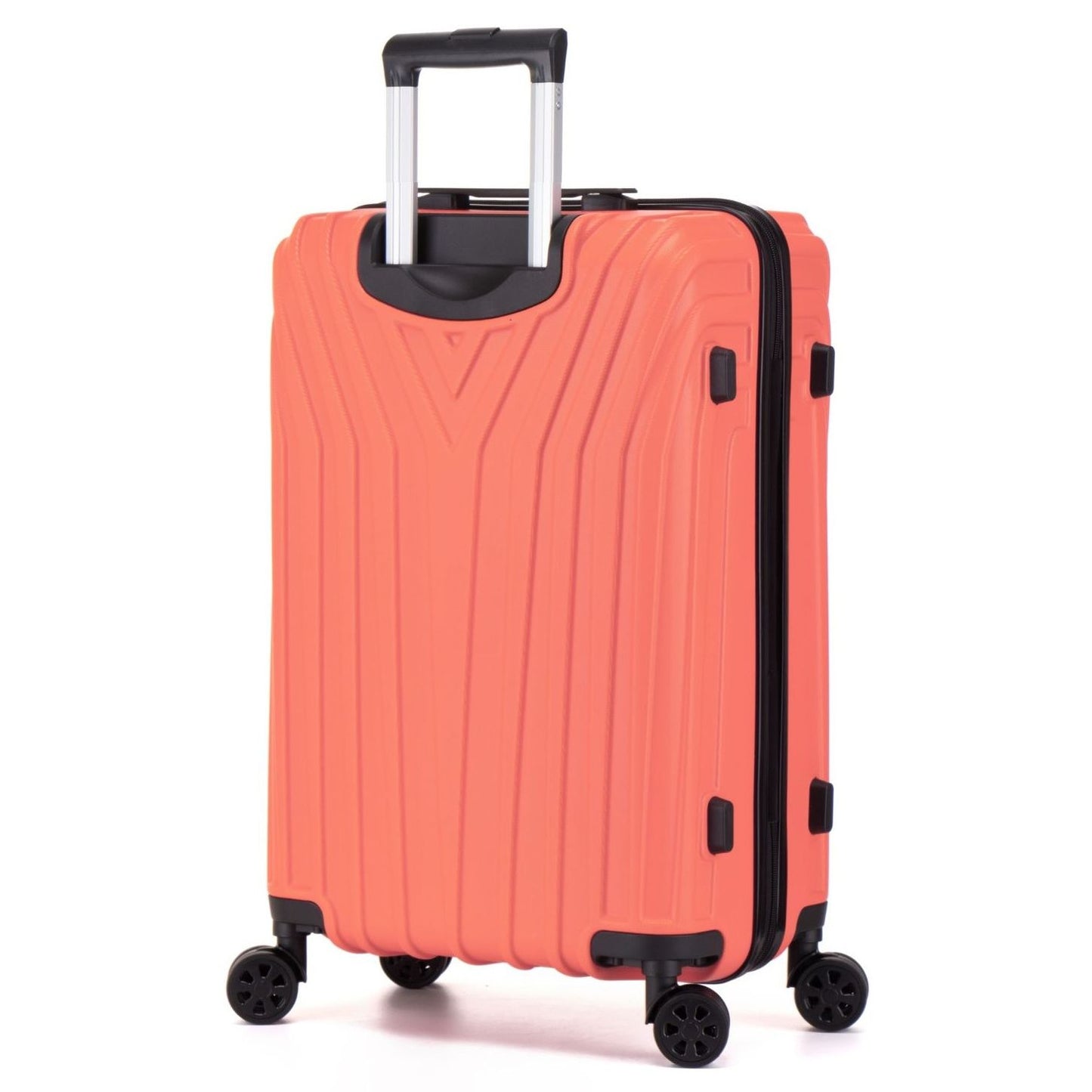 Orange suitcase with black handle and wheels on a white background