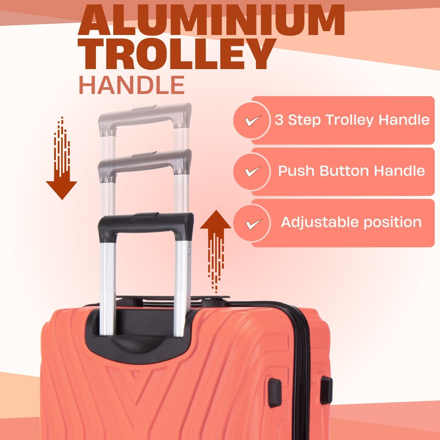 Aluminium trolley handle on a suitcase with features highlighted on a peach background