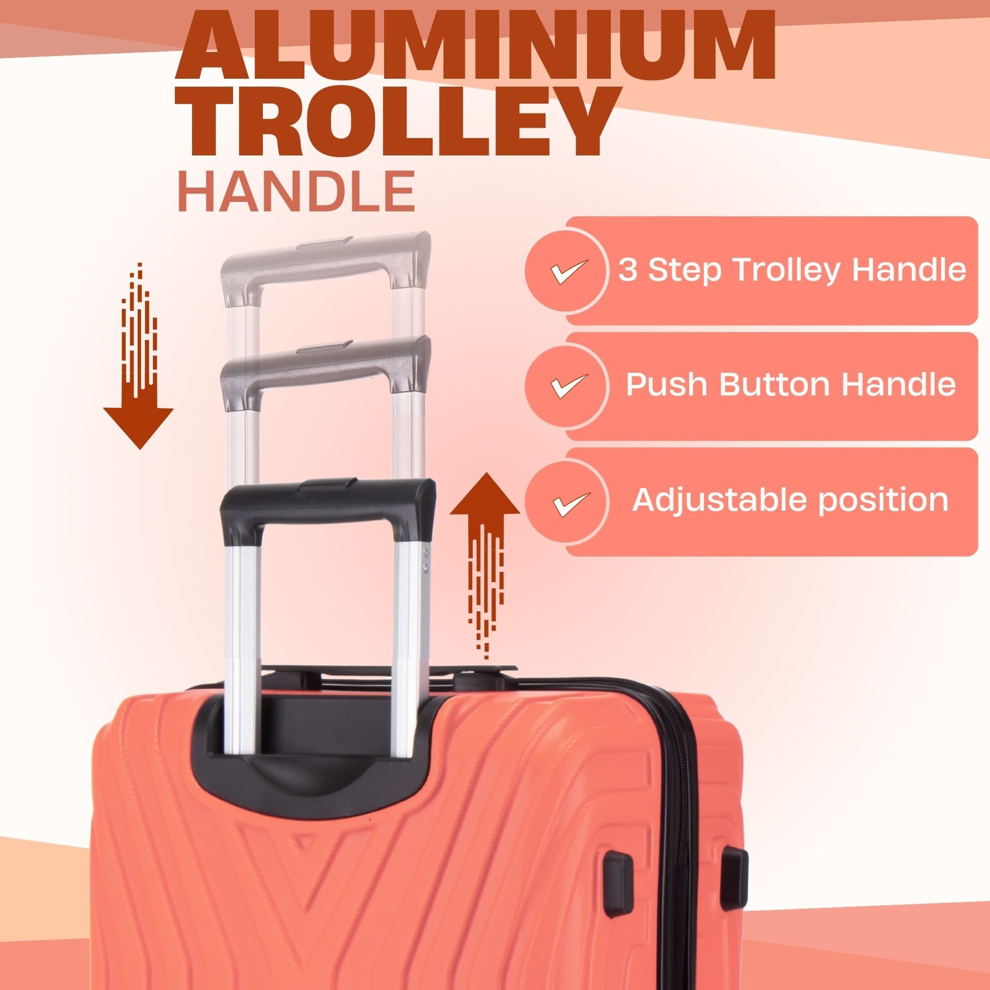 Aluminium trolley handle on a suitcase with features highlighted on a peach background