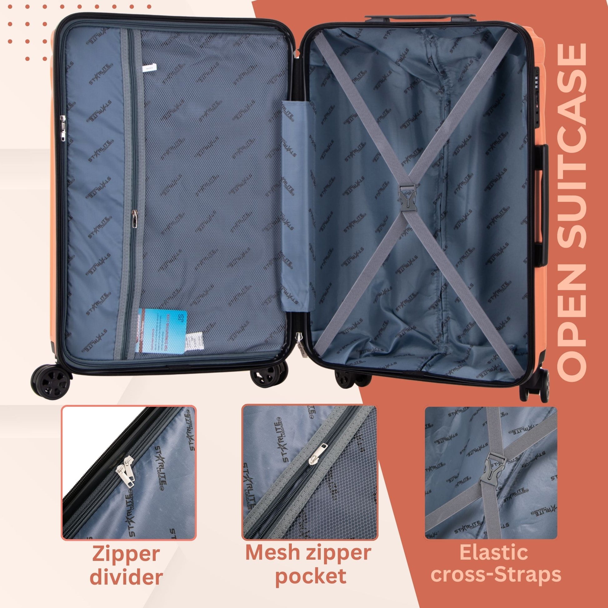 Open suitcase with features highlighted on a beige background