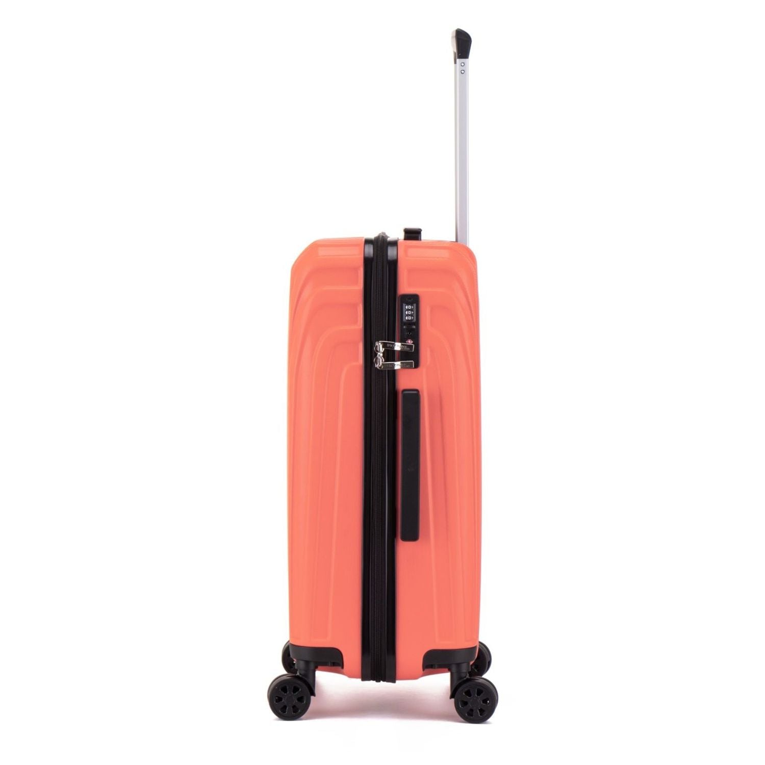 Orange suitcase with black handle and wheels on a white background