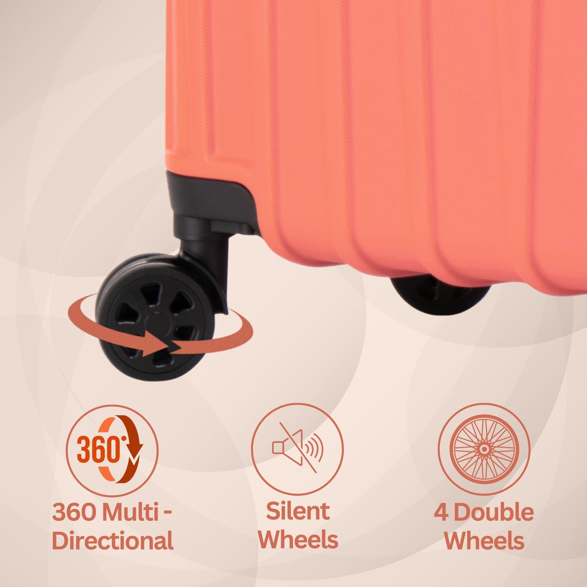 Orange suitcase with 360-degree wheels on a beige background