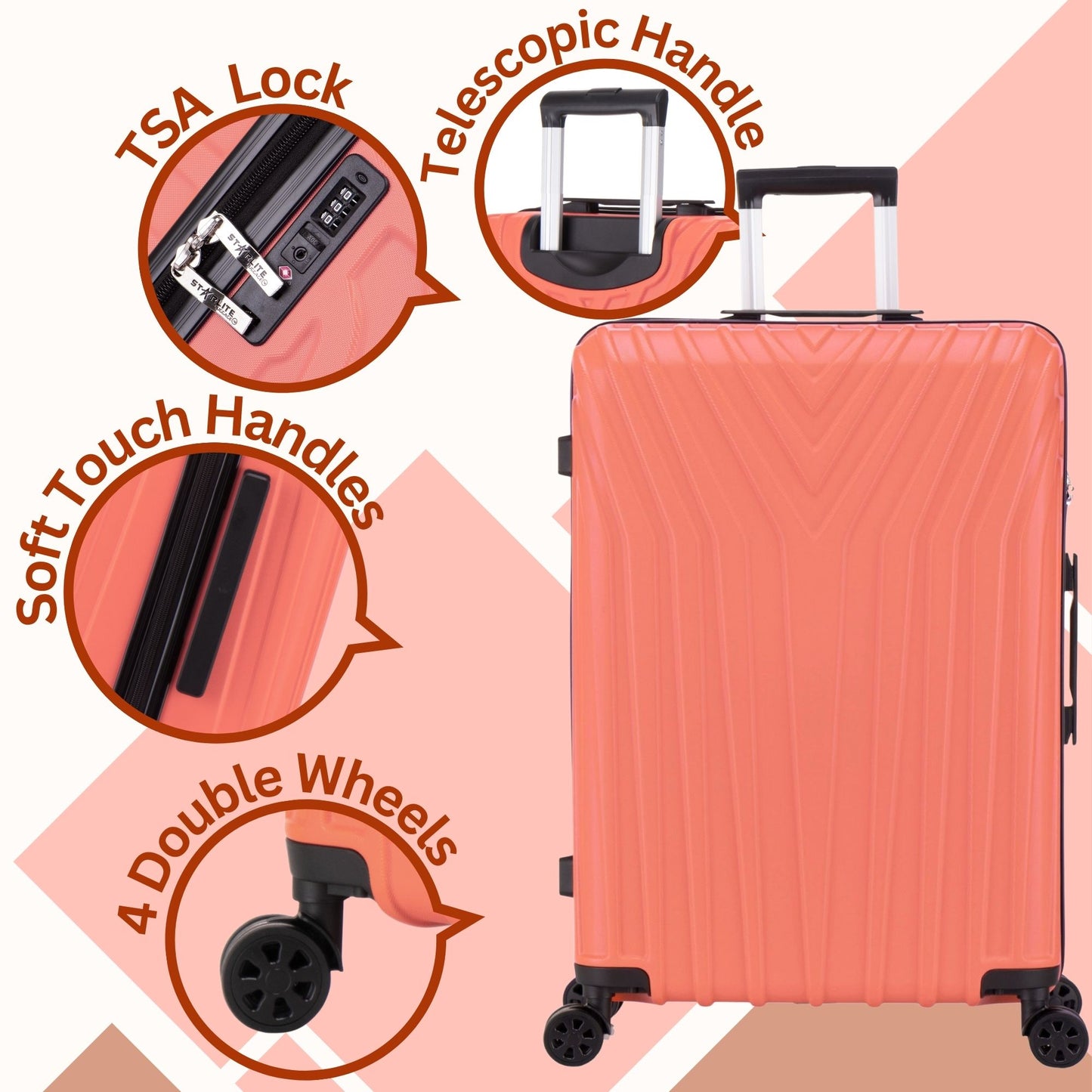 Coral suitcase with features highlighted on a pink background