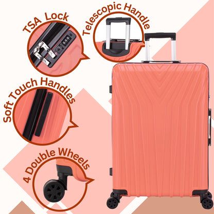 Coral suitcase with features highlighted on a pink background