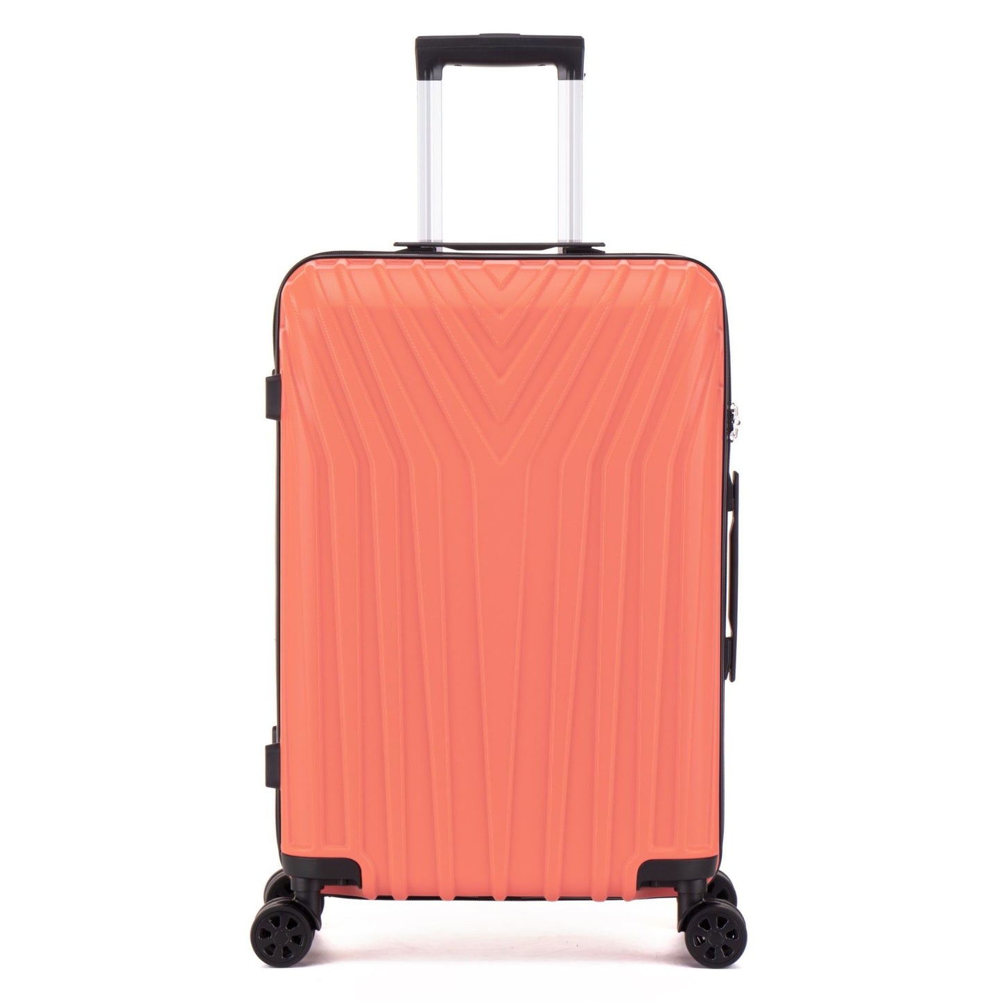 Orange suitcase with a black handle and wheels on a white background